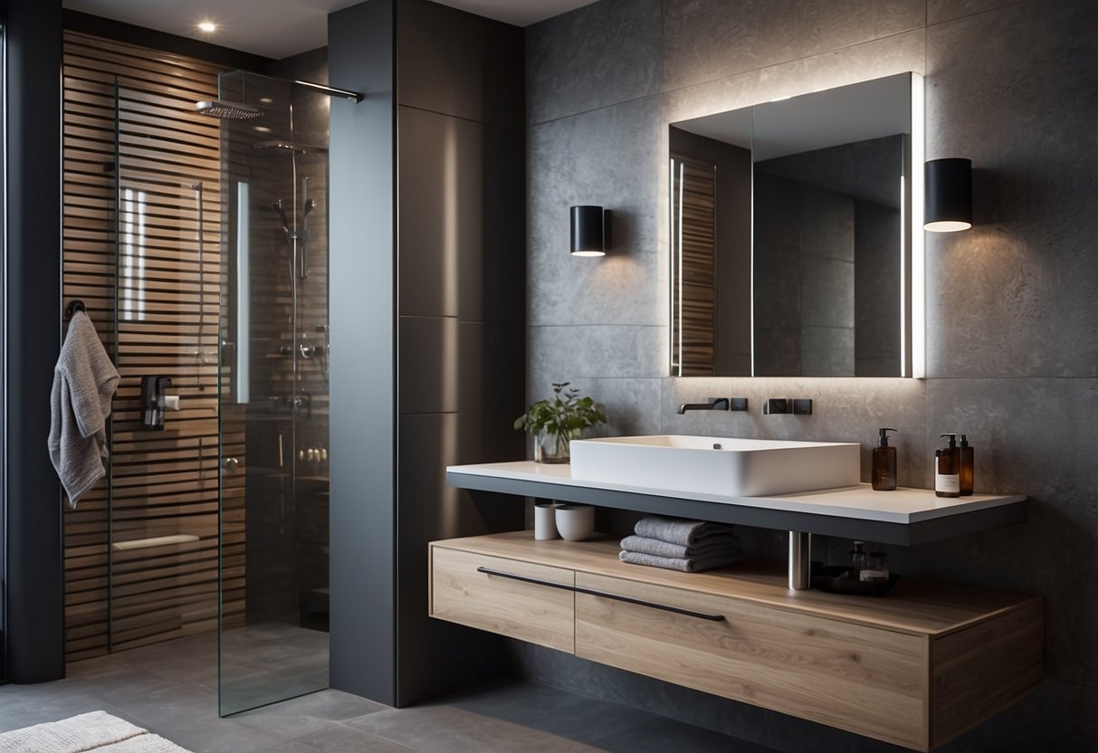 A modern bathroom with sleek, minimalist furniture and clean lines. A wall-mounted vanity with a sleek sink and a mirror above. A storage cabinet and shelves for towels and toiletries