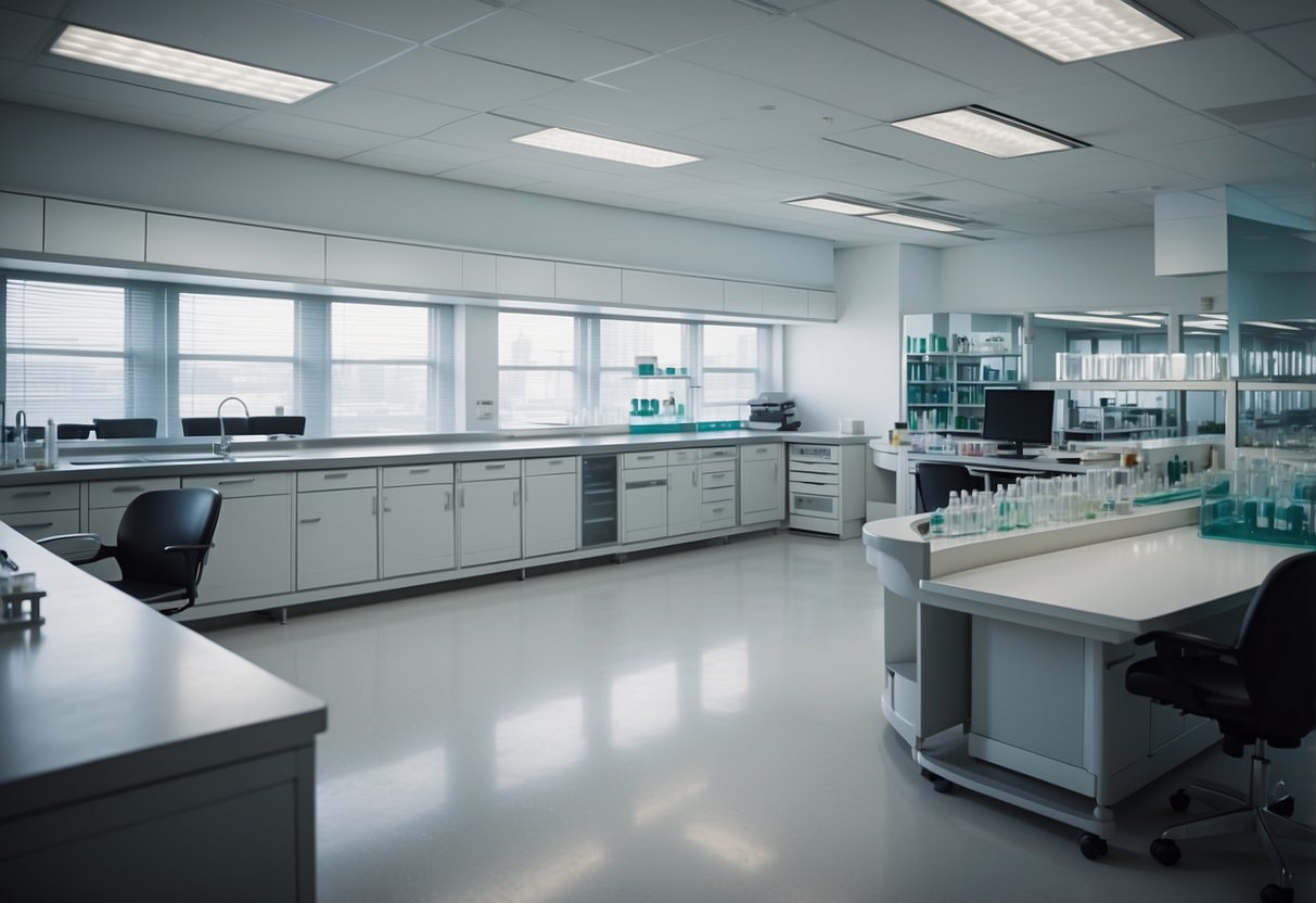 A spacious, well-lit laboratory with sleek, modern medical laboratory furniture arranged in an organized and efficient layout