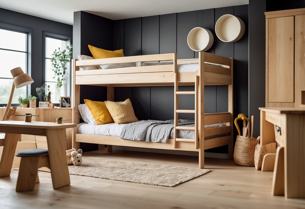A bright and modern Scandinavian kids furniture store with clean lines, natural wood finishes, and playful pops of color. Displayed items include bunk beds, desks, and storage units