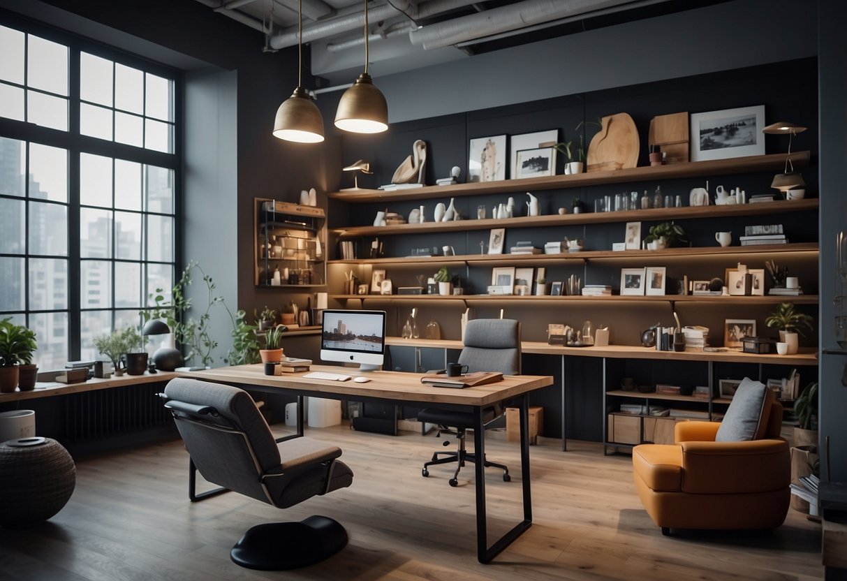 A well-lit design studio with sleek furniture and modern workstations. Shelves filled with art supplies and sketches adorn the walls