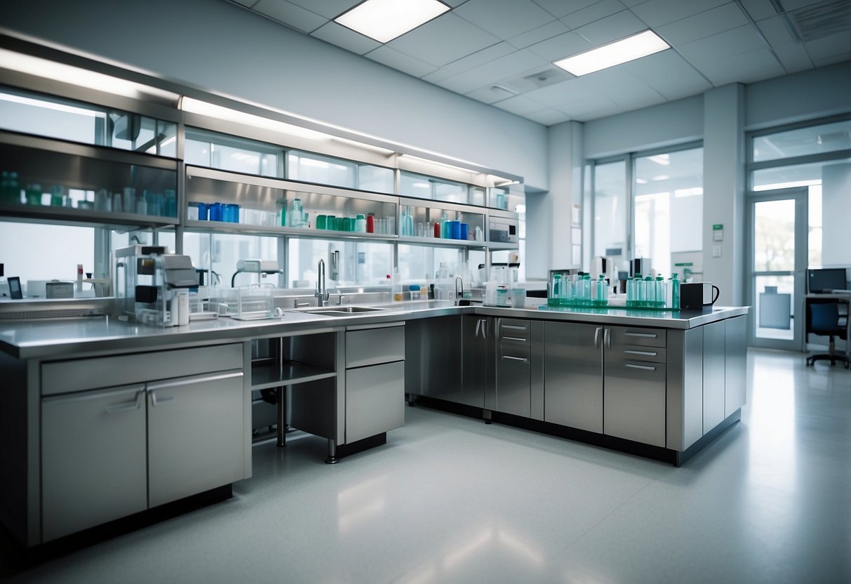 A modern medical laboratory with sleek, stainless steel furniture and state-of-the-art equipment neatly arranged in a well-lit, spacious room
