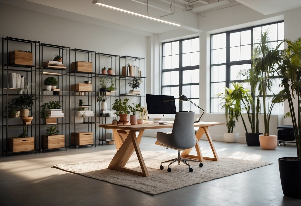 A bright, spacious design studio filled with modern furniture concepts, including sleek chairs, minimalist desks, and innovative shelving units