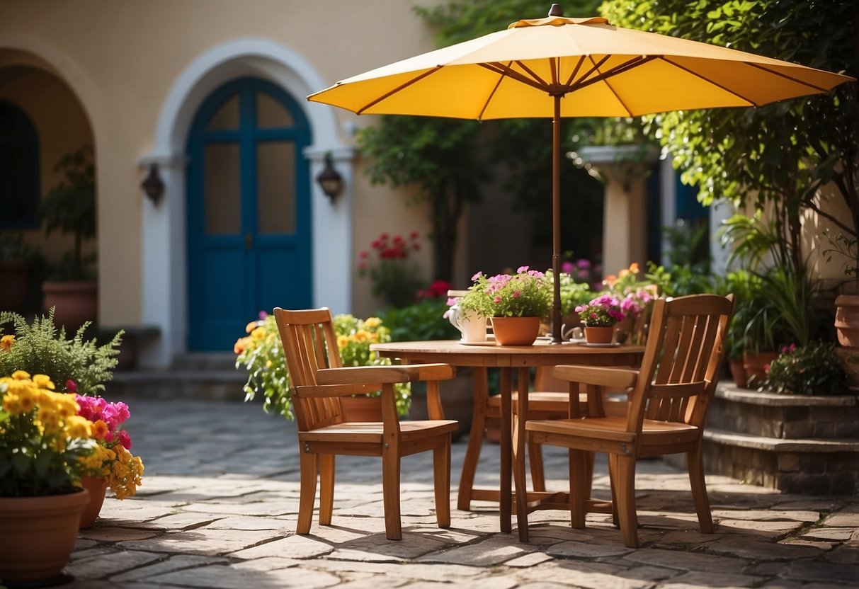 A wooden table and chairs sit on a stone patio, surrounded by potted plants and flowers. A colorful umbrella provides shade over the table