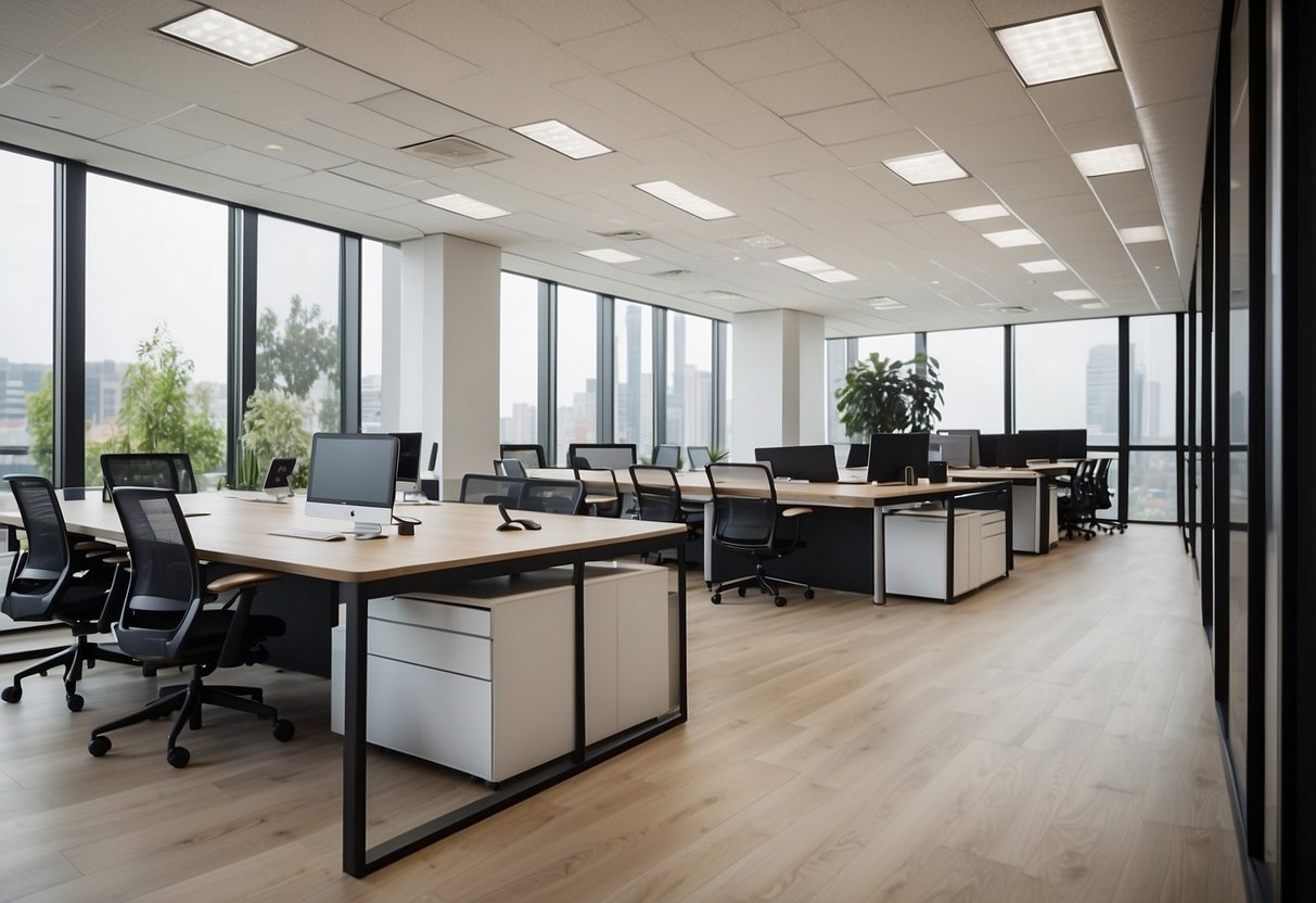 A modern office with sleek Trespa furniture, clean lines, and a minimalist design. Bright, open space with natural light and a professional atmosphere