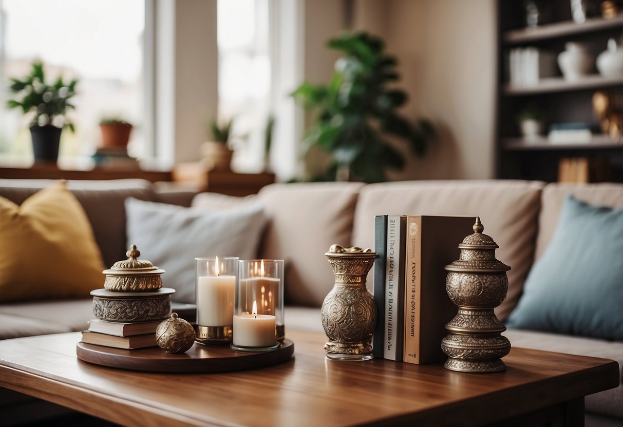 A cozy living room with a plush sofa, a coffee table adorned with decorative vases, and a bookshelf filled with intricate figurines and ornaments