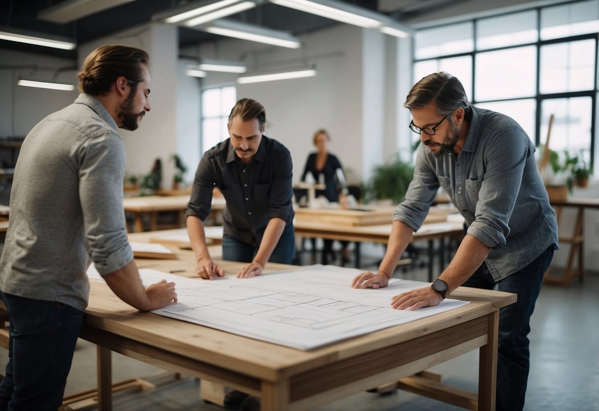 A designer sketches, measures, and prototypes furniture. A team assembles and installs the finished pieces in a modern design studio