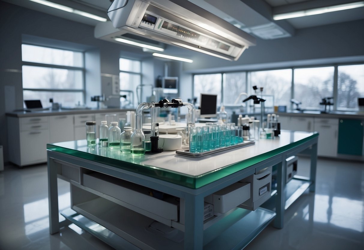 A laboratory table made of Trespa TopLab material, surrounded by scientific equipment and tools