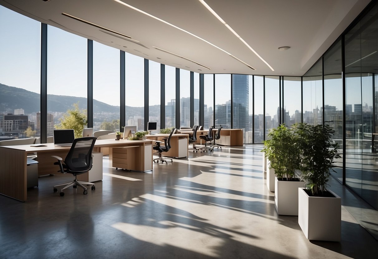 A modern office with sleek Trespa furniture, clean lines, and a minimalist design. Light streams in through large windows, illuminating the space