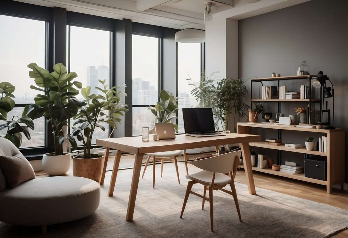 A modern, minimalist design studio with sleek furniture, clean lines, and a neutral color palette. Bright, natural light floods the space, highlighting the functional and stylish pieces