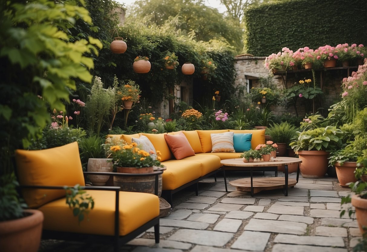 A lush garden with various stylish furniture sets arranged on a stone patio, surrounded by colorful flowers and greenery