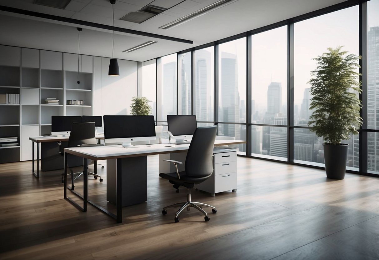 A sleek, modern office setting with Trespa furniture. Clean lines, minimalist design, and professional ambiance