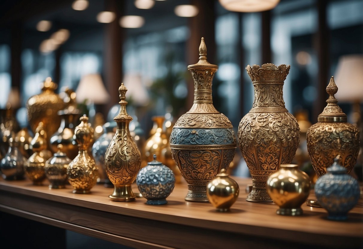 An array of furniture ornaments, from elegant vases to intricate sculptures, displayed on shelves and tables in a well-lit showroom