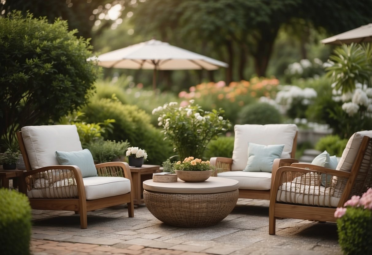 A serene garden with stylish, durable furniture arranged in an inviting outdoor setting. Lush greenery and vibrant flowers surround the elegant pieces, creating a tranquil atmosphere for relaxation and enjoyment