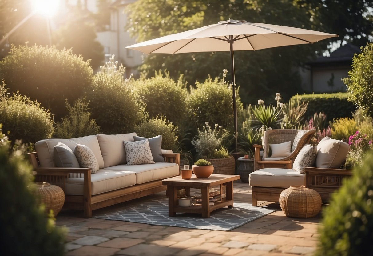A sunny outdoor garden with a variety of stylish and comfortable furniture pieces arranged in an inviting and organized manner