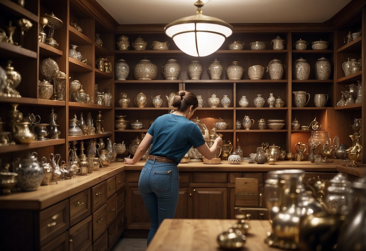 A person arranging and dusting furniture ornaments in a well-lit room with shelves and cabinets filled with various decorative items