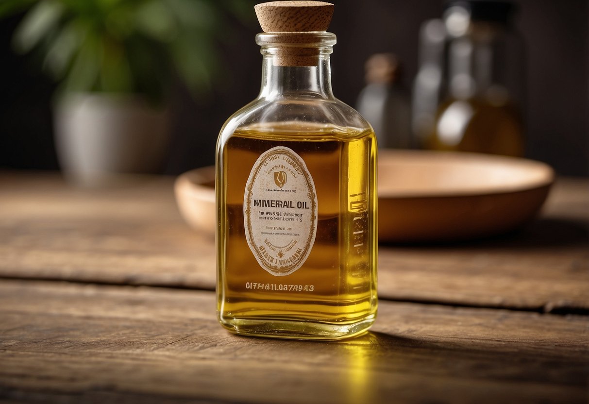 A bottle of mineral oil sits next to a polished wooden table. The oil is being applied to the table, enhancing its natural beauty and protecting it from wear and tear