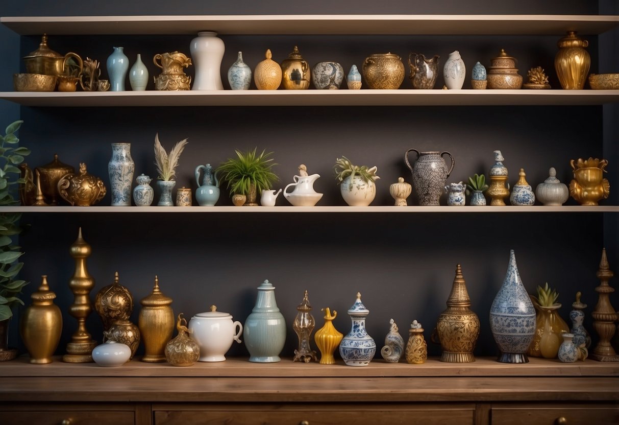 A shelf filled with various furniture ornaments, including vases, figurines, and decorative objects. The items are neatly arranged and displayed, creating an inviting and organized space