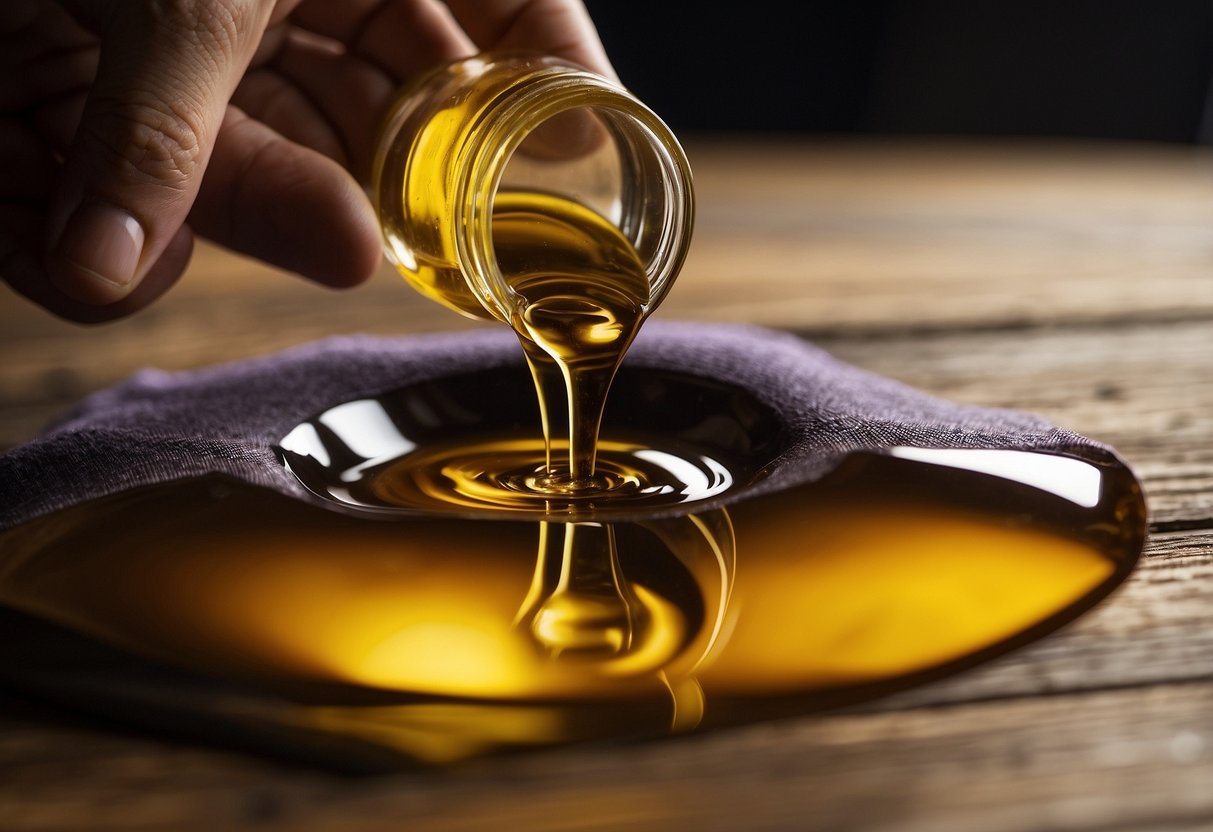 A hand pours mineral oil onto a wooden table, then uses a cloth to spread and buff the oil into the surface