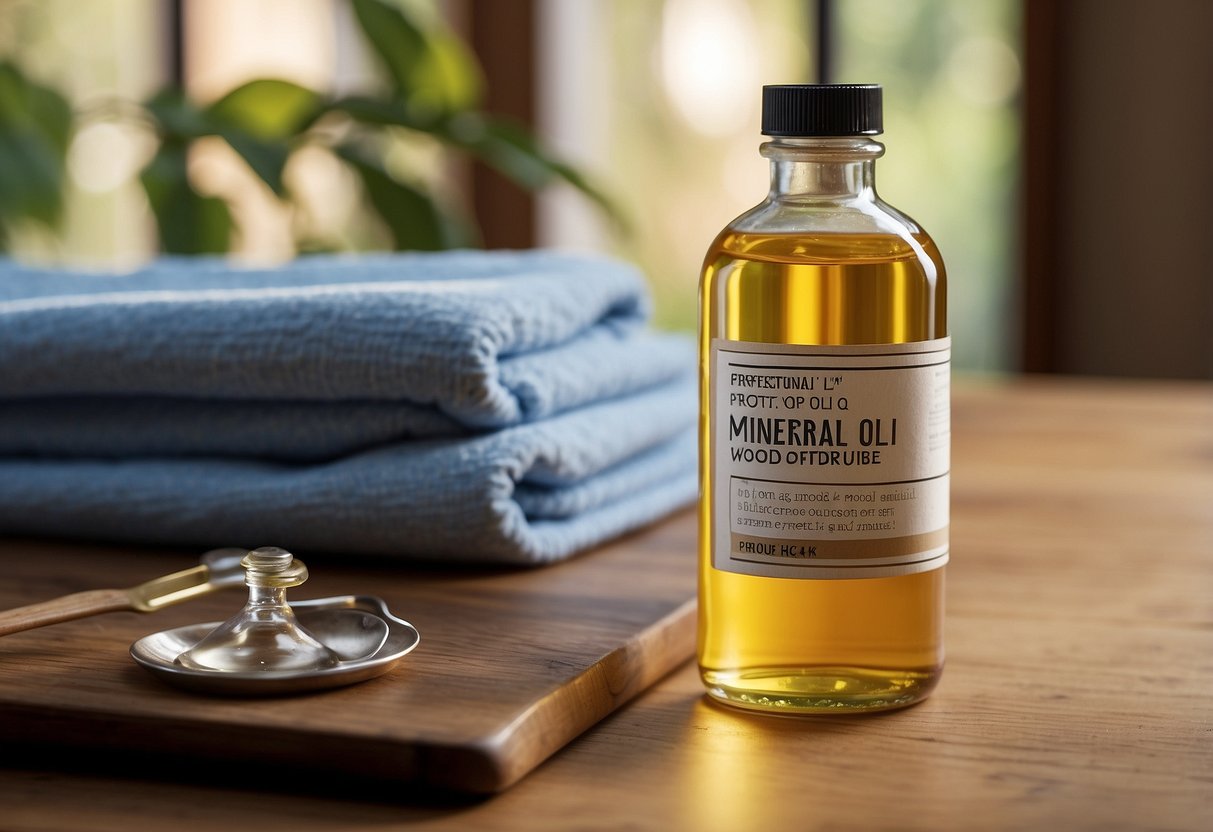 A bottle of mineral oil sits on a wooden table next to a cloth and a piece of furniture. A label reads "Frequently Asked Questions about mineral oil for wood furniture."