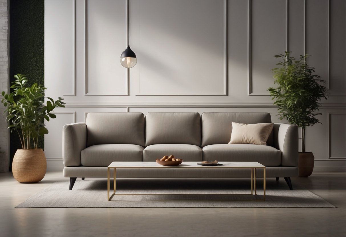 A sleek, modern sofa sits in a minimalist living room with clean lines and neutral colors. The furniture exudes sophistication and elegance