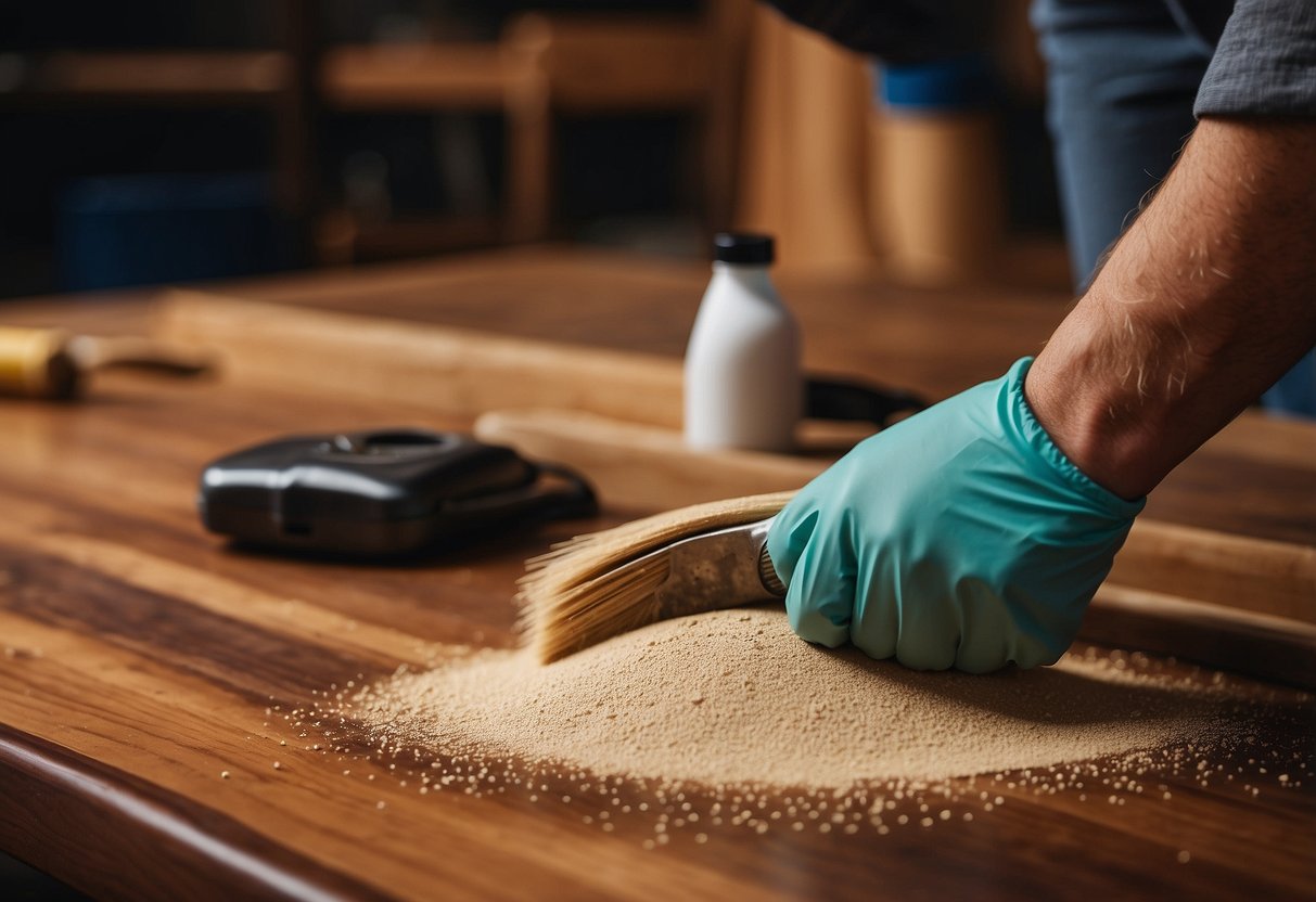 A wooden table being sanded down, with a can of varnish and a paintbrush nearby. Sandpaper, wood chips, and a dust mask on the floor