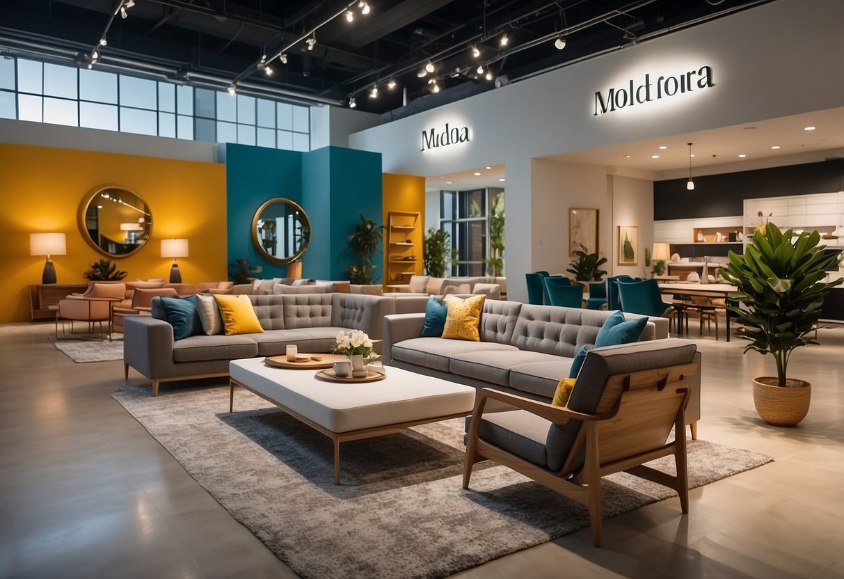 A spacious showroom filled with modern furniture displays, vibrant colors, and sleek designs. Bright lighting highlights the elegant pieces, inviting customers to explore Moda Furniture Collections