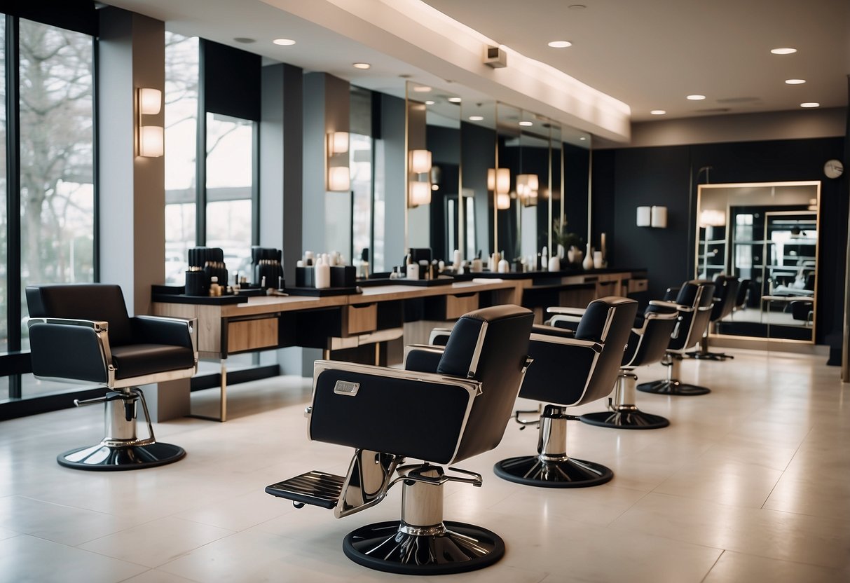 Modern salon furniture displayed in a showroom, including sleek chairs, stylish hairdressing stations, and elegant mirrors