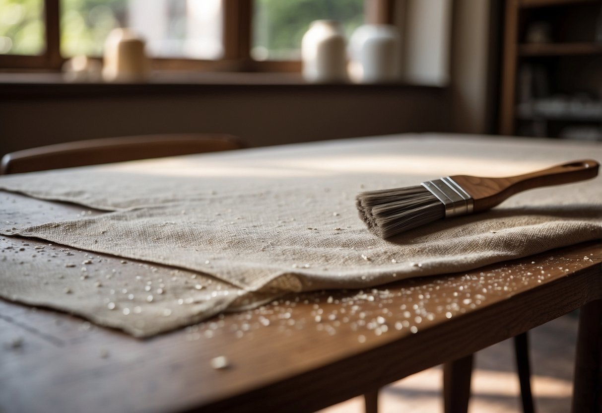 A table is covered with a drop cloth. Sandpaper, wood stain, and brushes are laid out nearby. Old finish is being removed from the table's surface