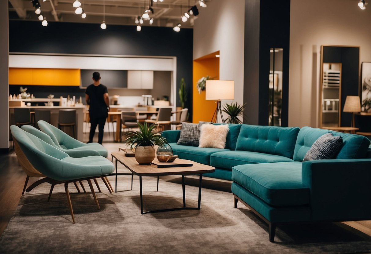 A customer browsing through sleek, modern furniture displays at Moda Furniture showroom. Vibrant colors and clean lines create an inviting atmosphere