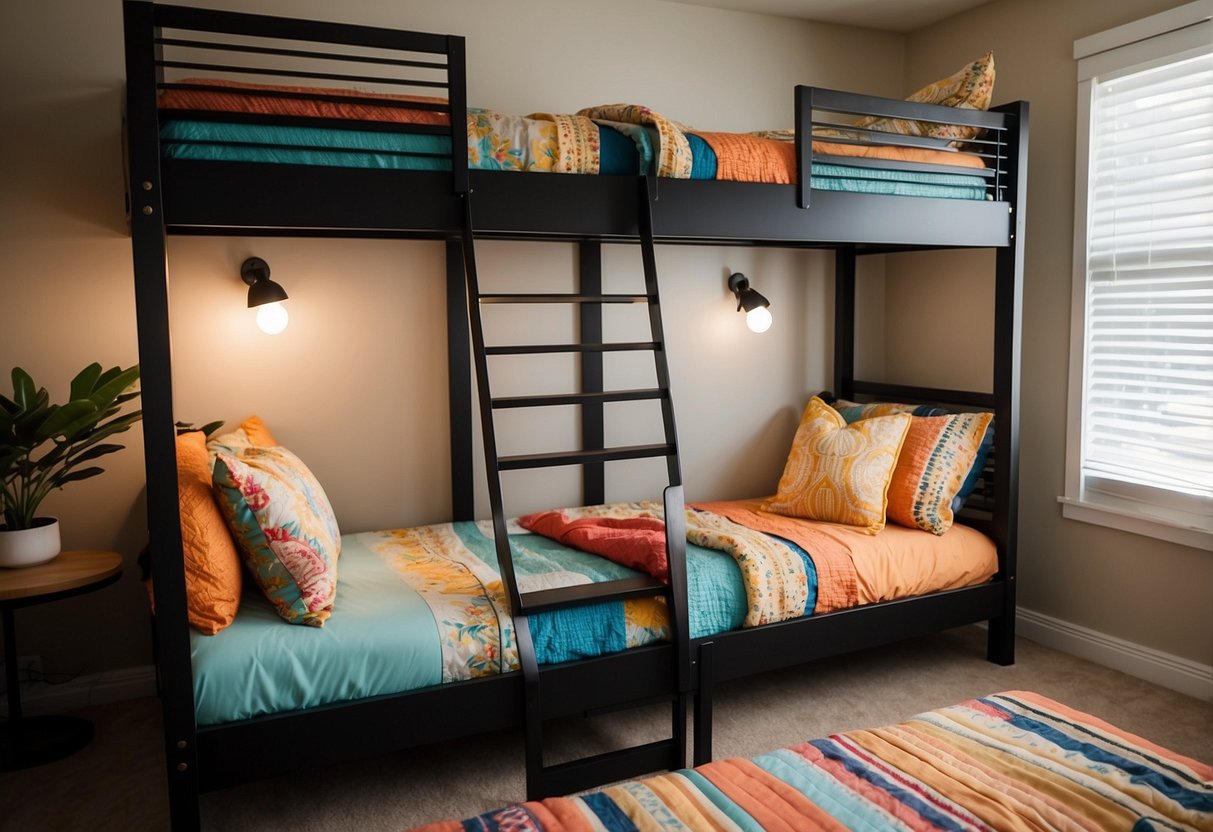 Two sturdy, towering bunk beds with sleek, modern designs, surrounded by colorful bedding and decorative pillows