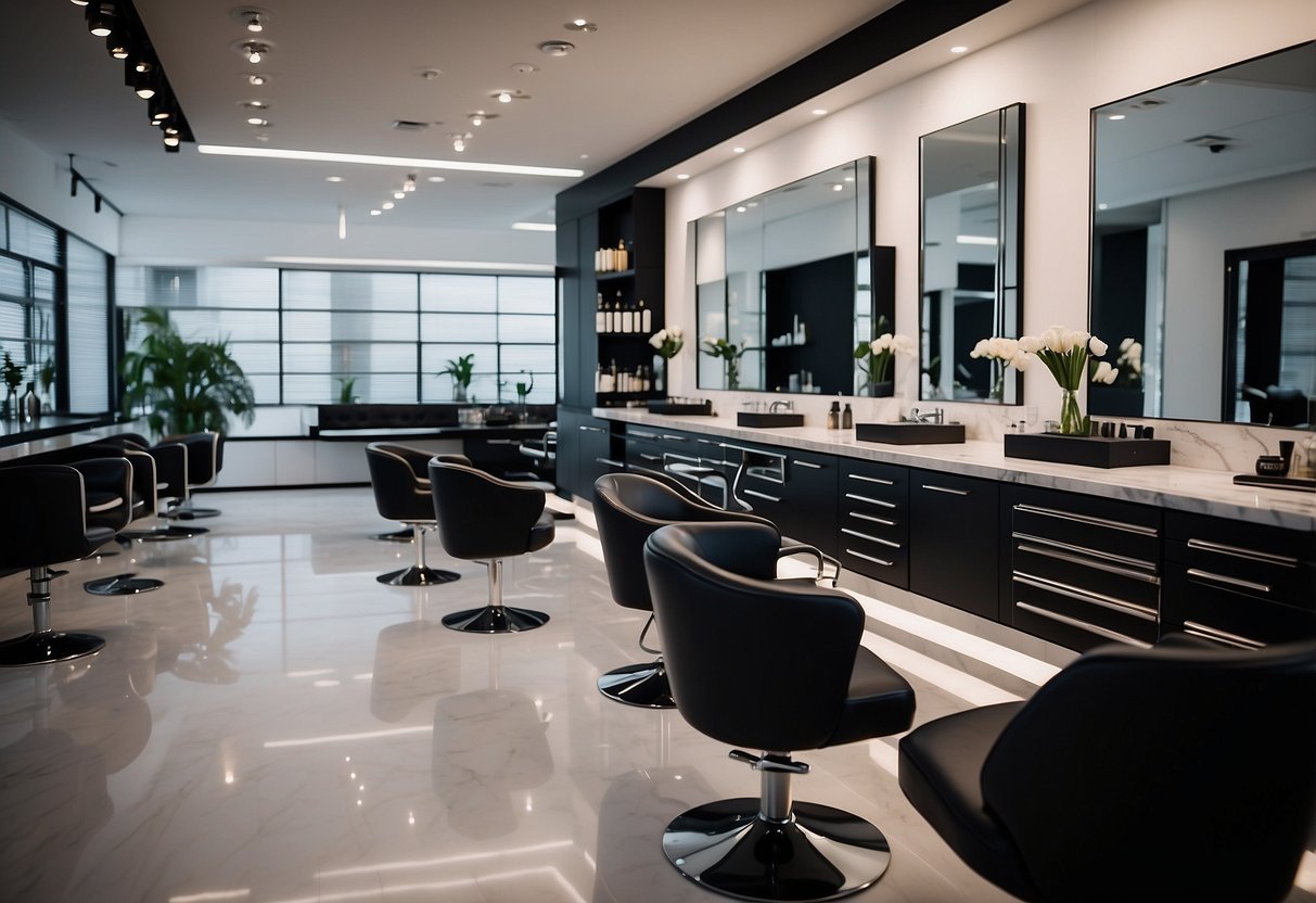 A showroom filled with modern salon furniture displays various designs and colors, from sleek black leather chairs to elegant white marble countertops