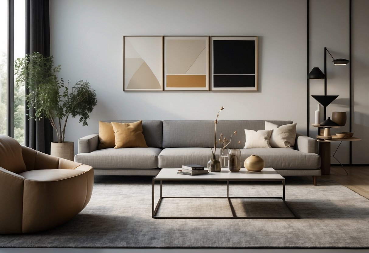 A sleek, minimalist living room with clean lines, neutral colors, and geometric shapes. The furniture includes a low-profile sofa, angular coffee table, and abstract art on the wall