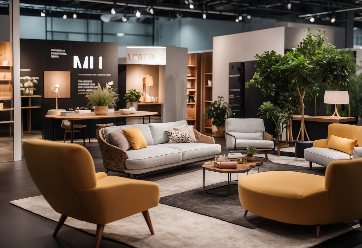 The bustling Milan Furniture Expo showcases sleek, modern designs in a spacious exhibition hall filled with innovative furniture and cutting-edge decor
