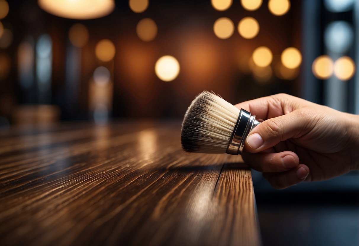 A hand holding a brush applies the New Finish to a wooden surface, creating a smooth and glossy finish