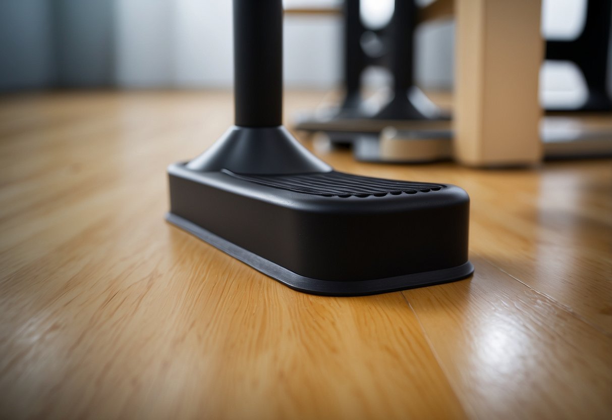 Rubber furniture pads stick to the bottom of a chair leg, protecting the floor from scratches