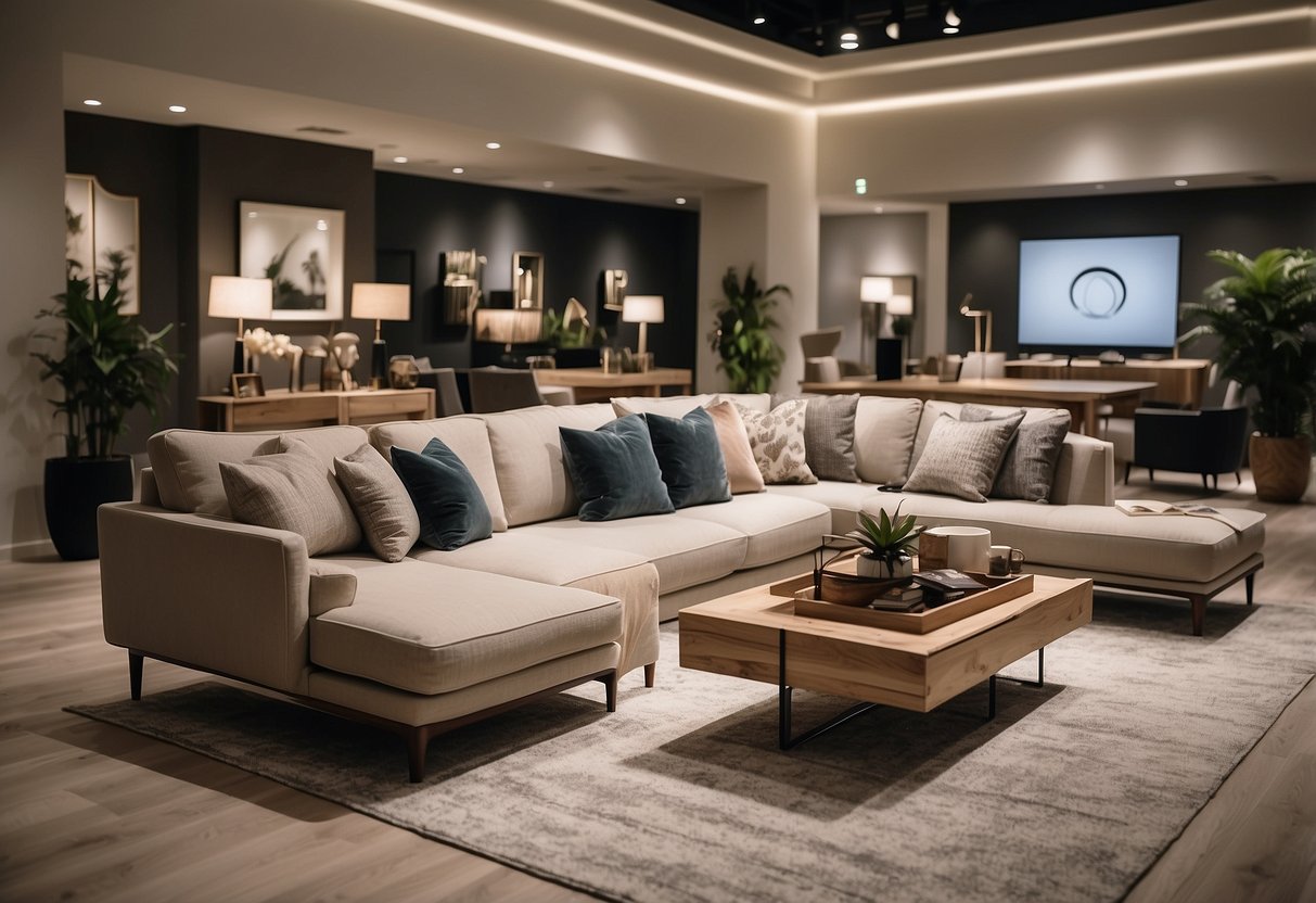 A sleek, modern furniture showroom with clean lines, neutral colors, and a variety of stylish pieces on display