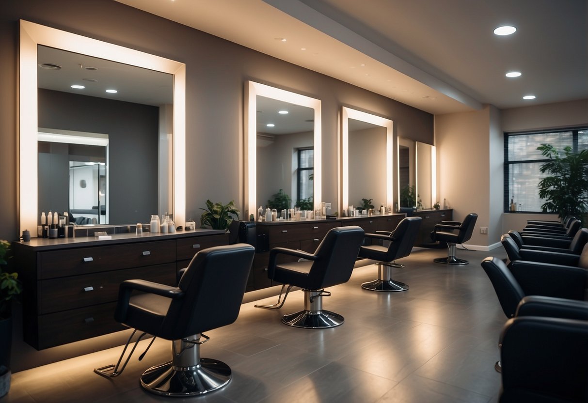 A spacious salon with modern, sleek furniture. Large mirrors reflect the soft lighting, while comfortable chairs and stylish workstations fill the room