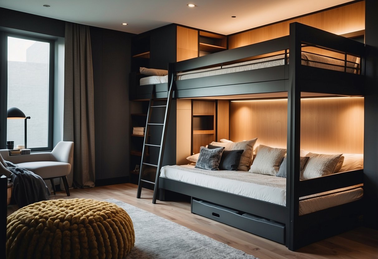 A spacious and sturdy bunk bed with built-in storage and sleek, modern design