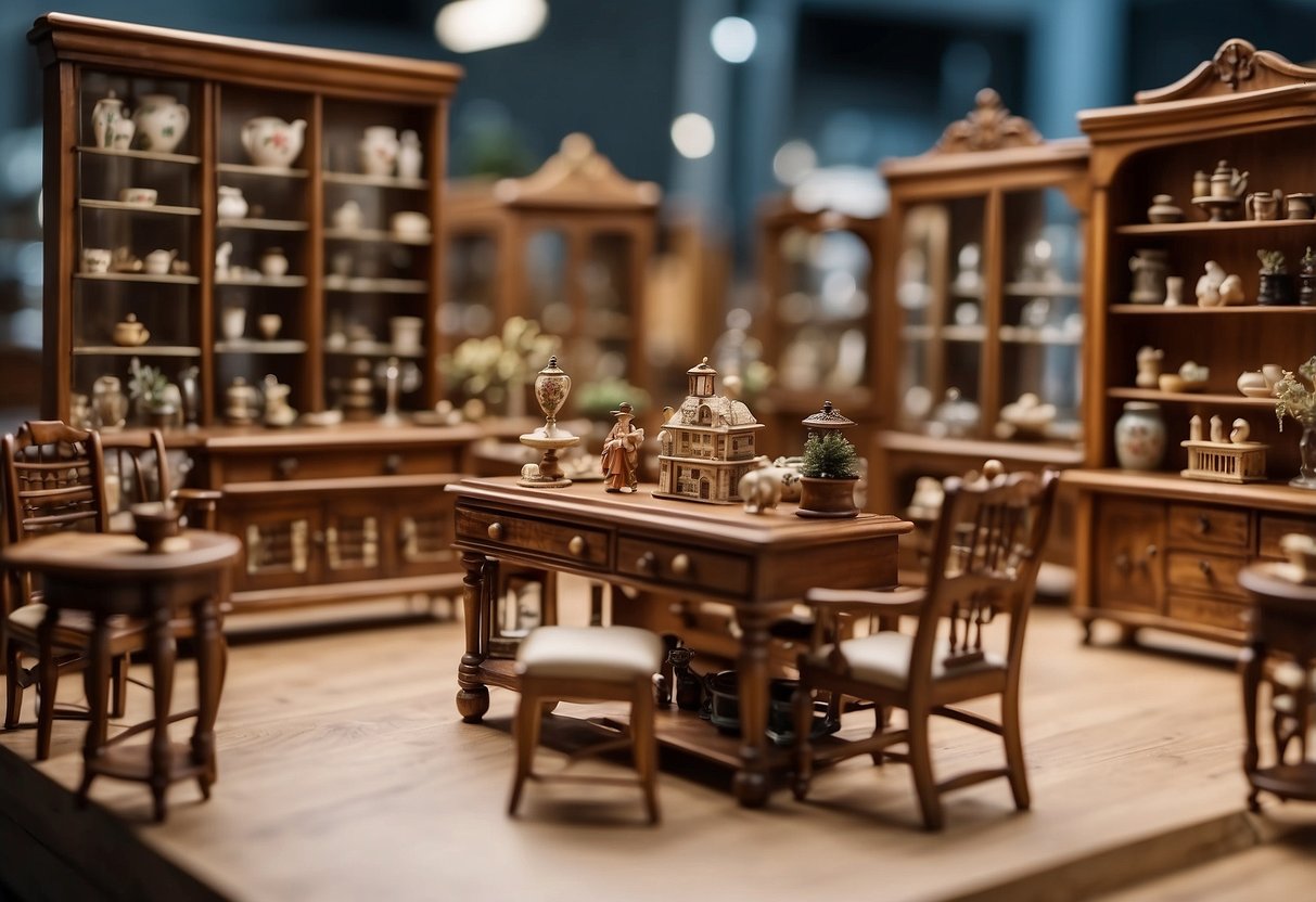 A display of miniature furniture for sale in a well-lit store setting, with various pieces arranged on shelves and tables