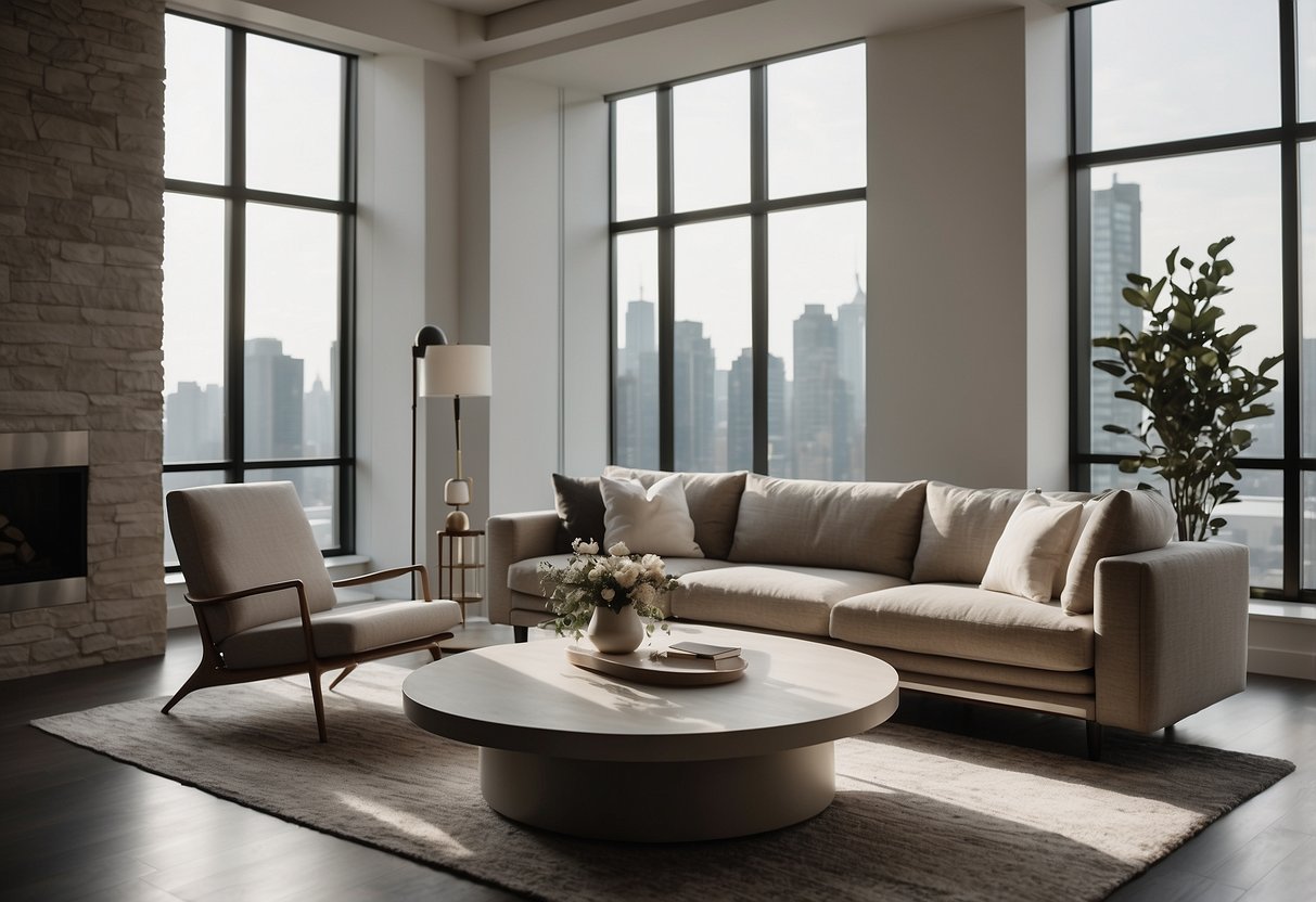 A sleek, minimalist living room with contemporary furniture in Toronto. Clean lines, neutral tones, and geometric shapes create a modern aesthetic