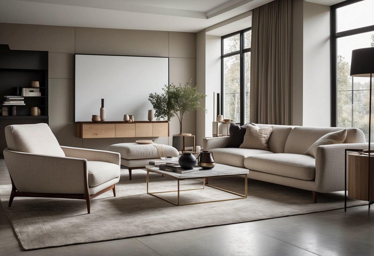 A sleek, minimalist living room with clean lines, neutral colors, and geometric shapes. A modern sofa, coffee table, and abstract art create a sophisticated atmosphere