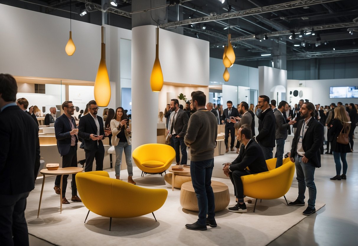 A crowded showroom buzzes with excitement, showcasing innovative furniture designs at the Milan Furniture Expo. Bright lights illuminate sleek, modern pieces while attendees mingle and admire the creative talents on display