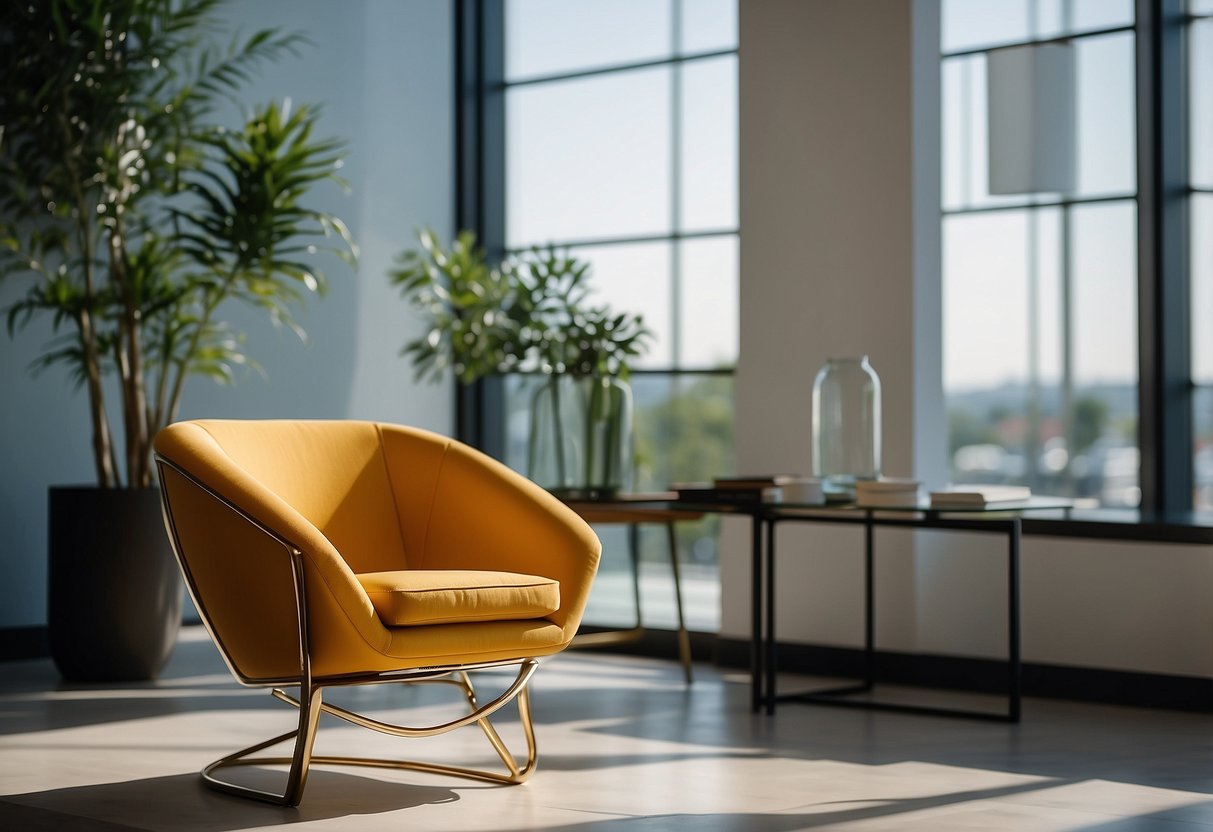 A sleek, minimalist chair sits in a sunlit showroom, surrounded by clean lines and bold colors. Glass and metal accents add a touch of modern elegance to the space