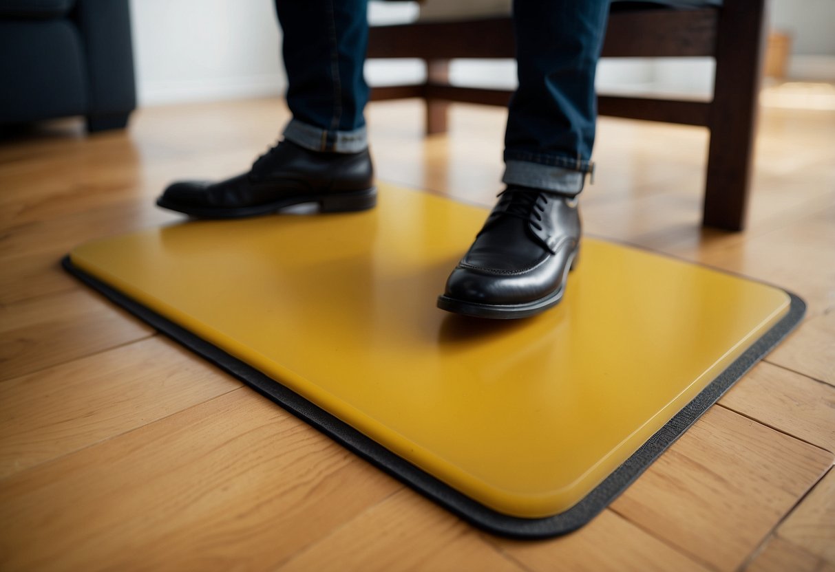 Rubber furniture pads being purchased and installed under chair legs on hardwood floor