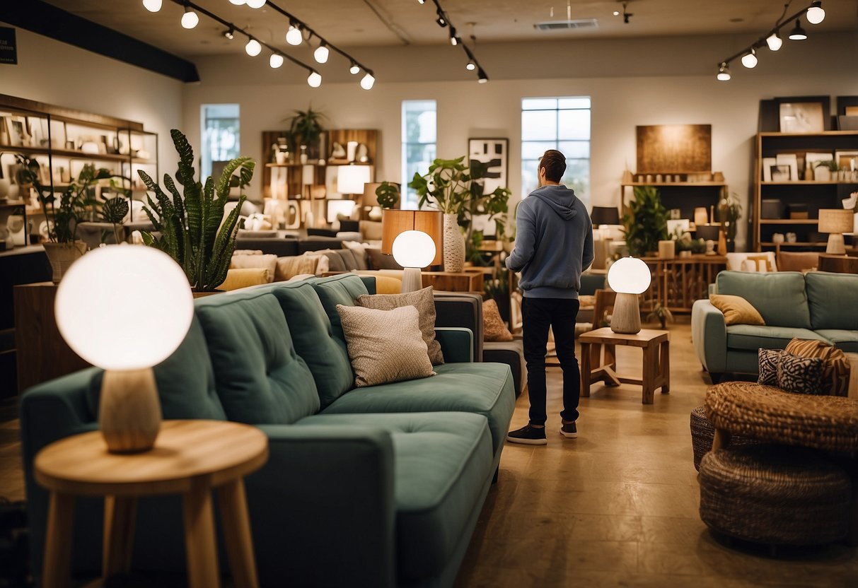 A customer browsing through various furniture options at a local store, comparing prices and styles before making a decision