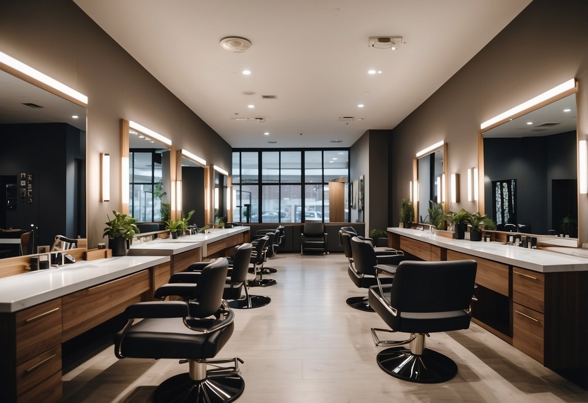 A salon furniture supplier's showroom with various chairs, mirrors, and workstations neatly displayed. Bright lighting and clean, modern decor create an inviting atmosphere