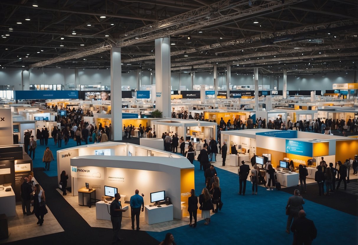 A bustling expo hall filled with sleek furniture displays and eager attendees seeking information. Bright lights illuminate the space as vendors engage in conversations with potential customers