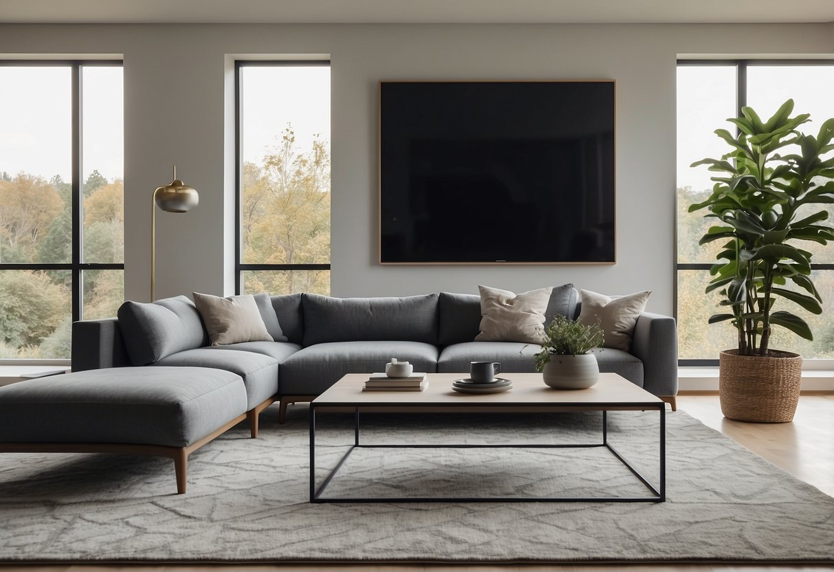 A sleek, minimalist living room with a large, comfortable sofa, a contemporary coffee table, and a stylish, geometric rug. The room is bathed in natural light from floor-to-ceiling windows, creating a warm and inviting atmosphere