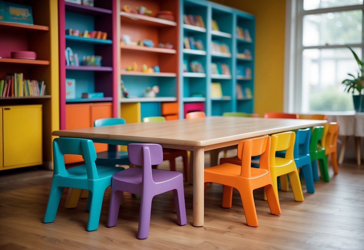 Colorful children's furniture arranged in a playful and inviting display. Brightly painted chairs, tables, and bookshelves fill the space, creating a cheerful and welcoming atmosphere