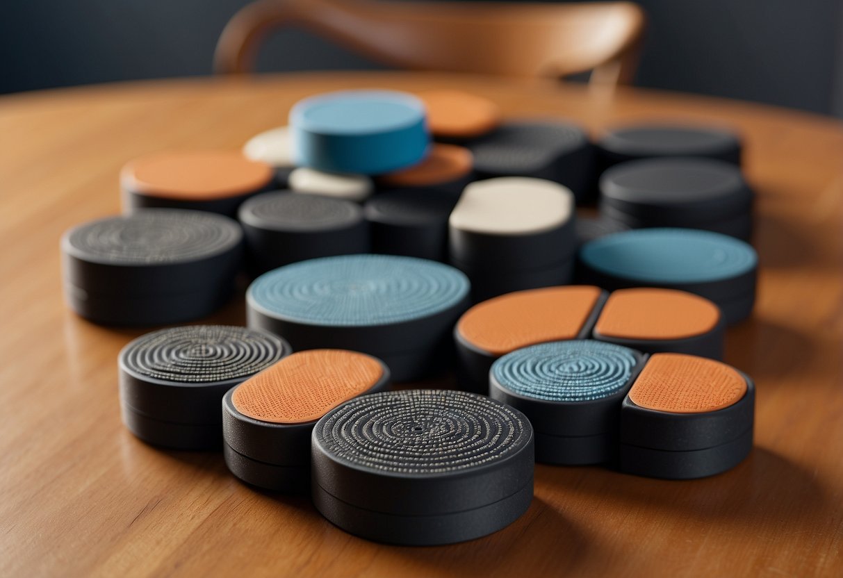 Rubber furniture pads arranged neatly on various types of furniture legs